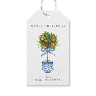 Chinoiserie Pottery Orange Topiary Tree Blue Gift Tags