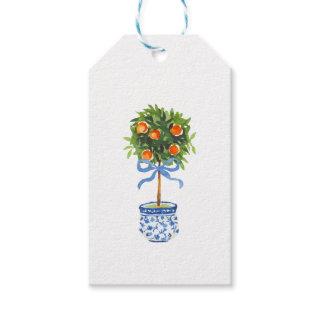 Chinoiserie Pottery Orange Topiary Tree Blue Gift Tags