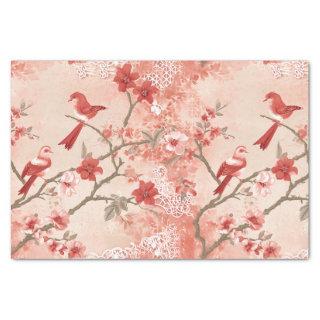 Chinoiserie Red Bird Asian Pink Flowers Decoupage Tissue Paper