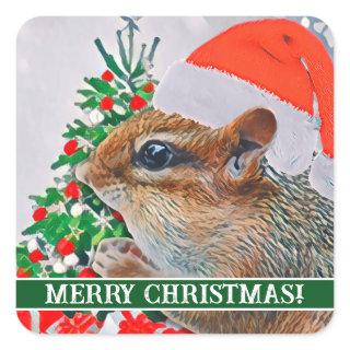 Chipmunk with Christmas Hat in Front of Tree Square Sticker