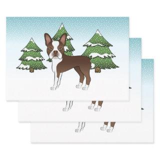 Chocolate Brown Boston Terrier In A Winter Forest  Sheets