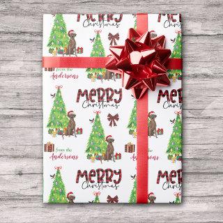 Chocolate Lab, Bird, and Christmas Tree