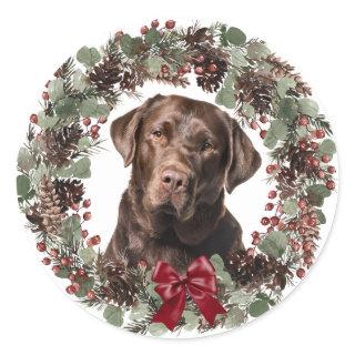 Chocolate Lab Red Bow Pinecone Wreath Christmas Classic Round Sticker