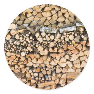 Chopped wood on a pile round sticker