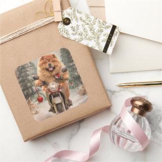 Chow Chow Dog Riding Motorcycle Christmas Square Sticker