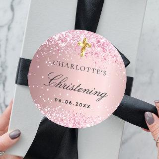 Christening blush pink glitter sparkles girl classic round sticker