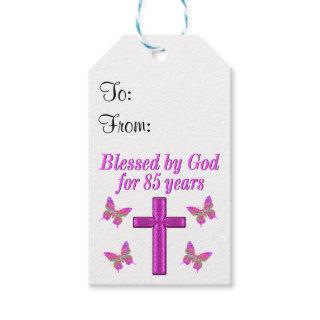 CHRISTIAN 85TH BIRTHDAY PINK CROSS DESIGN GIFT TAGS
