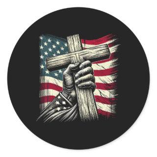 Christian Cross And Usa Flag 4th Of July Jesus  Classic Round Sticker
