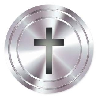 Christian Cross Symbol - chrome silver Classic Round Sticker