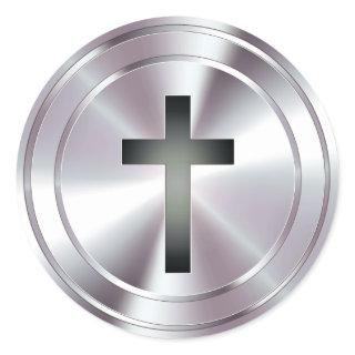 Christian Cross Symbol - chrome silver Classic Round Sticker