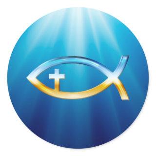 Christian Fish Symbol with Crucifix - Sky & Ground Classic Round Sticker