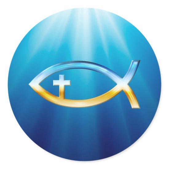 Christian Fish Symbol with Crucifix - Sky & Ground Classic Round Sticker
