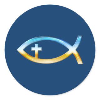 Christian Fish Symbol with Crucifix - Sky & Ground Classic Round Sticker