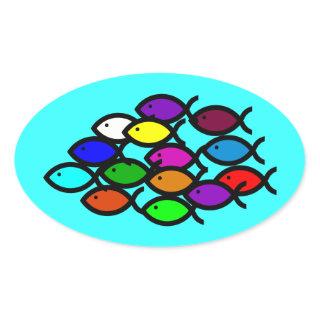 Christian Fish Symbols - Rainbow School - Oval Sticker
