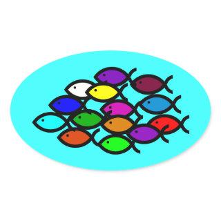 Christian Fish Symbols - Rainbow School - Oval Sticker