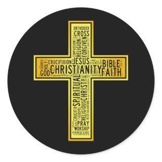 Christian gold cross - text design classic round sticker