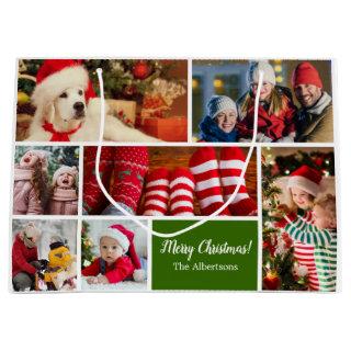 Christmas 7 Photo Collage with Family Name, Green Large Gift Bag