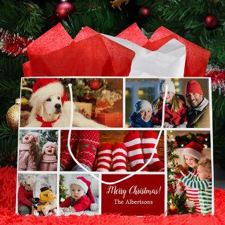 Christmas 7 Photo Collage with Family Name, Red Large Gift Bag