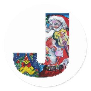 CHRISTMAS A LETTER  / SANTA WITH VIOLIN MONOGRAM CLASSIC ROUND STICKER