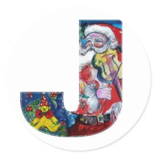 CHRISTMAS A LETTER  / SANTA WITH VIOLIN MONOGRAM CLASSIC ROUND STICKER