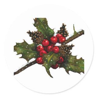 Christmas: Berries, Holly, Pine Cones: Art Classic Round Sticker