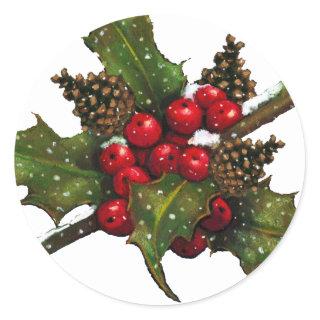 Christmas: Berries, Holly, Pine Cones: Art Classic Round Sticker