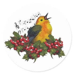 Christmas Bird Singing With Hollly, Berries Classic Round Sticker
