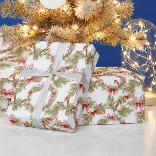 Christmas Birds and Pine Boughs and Red Bows