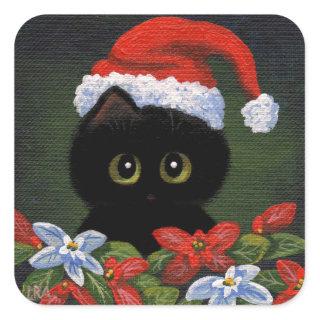 Christmas Black Cat Santa Claus Funny Creationarts Square Sticker