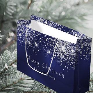 Christmas blue silver white glitter family name large gift bag