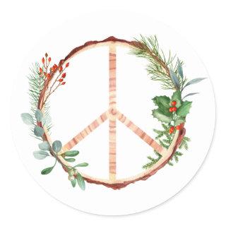 Christmas Botanical Wooden Peace Sign  Classic Round Sticker