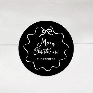 Christmas Bow | Wavy Whimsical Black with White Classic Round Sticker