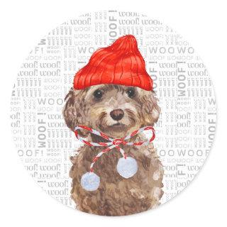 Christmas Brown Cockapoo Dog Watercolor Santa Classic Round Sticker