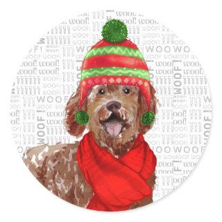 Christmas Brown Labradoodle and Woof Art Dog Lover Classic Round Sticker