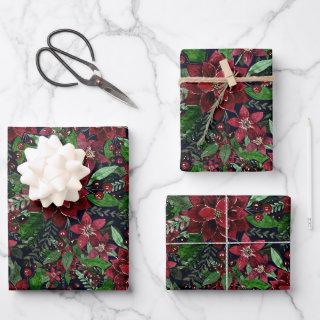 Christmas Burgundy Poinsettia Flowers Watercolor  Sheets