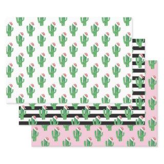 Christmas cactus pattern. Santa cacti. Green pink  Sheets