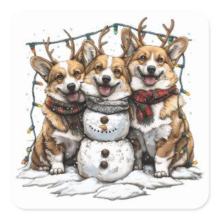 Christmas Corgi Dogs Snowman Square Sticker