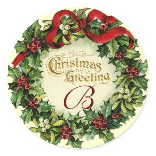 CHRISTMAS CROWN WITH MISTLETOES AND HOLLY BERRIES CLASSIC ROUND STICKER