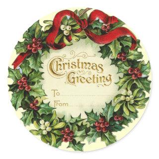CHRISTMAS CROWN WITH MISTLETOES AND HOLLY BERRIES CLASSIC ROUND STICKER