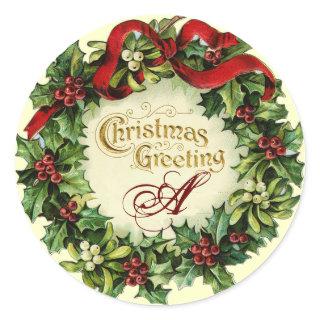 CHRISTMAS CROWN WITH MISTLETOES AND HOLLY BERRIES CLASSIC ROUND STICKER