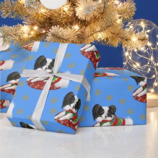 Christmas Cute Puppy Papillon Gold Paws Pattern