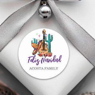 Christmas Feliz Navidad Cactus Sombrero  Classic Round Sticker