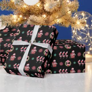 Christmas Festive Flamingos with Sleigh on Black