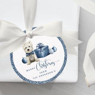 Christmas, Festive Puppy, Blue and Silver Swirl Favor Tags