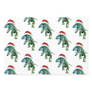 CHRISTMAS GIFT PAPER SET DINOSAURS WITH SANTA HAT