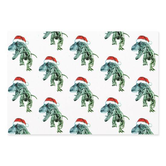 CHRISTMAS GIFT PAPER SET DINOSAURS WITH SANTA HAT