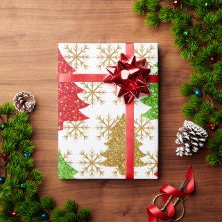Christmas glitter trees and golden snowflakes