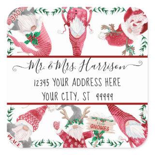 Christmas Gnome Deer Antler Red Watercolor Address Square Sticker