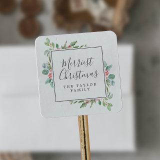Christmas Greenery Merriest Christmas Holiday Gift Square Sticker
