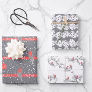 Christmas grey white red birds pines  sheets